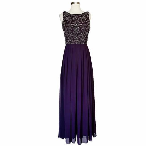 XSCAPE Purple Embellished Dress A-Line Chiffon Pleated Skirt Sleeveless Gown 6 - Picture 11 of 13